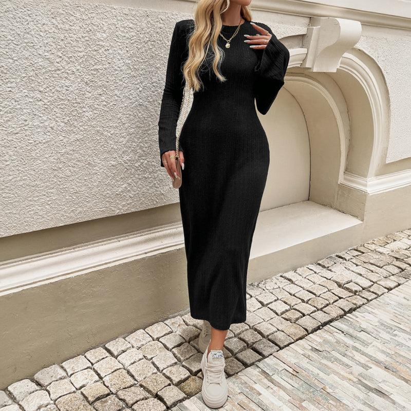 Elegant Slim-fitting Trumpet Sleeve Solid Color Knitted Dress For Women