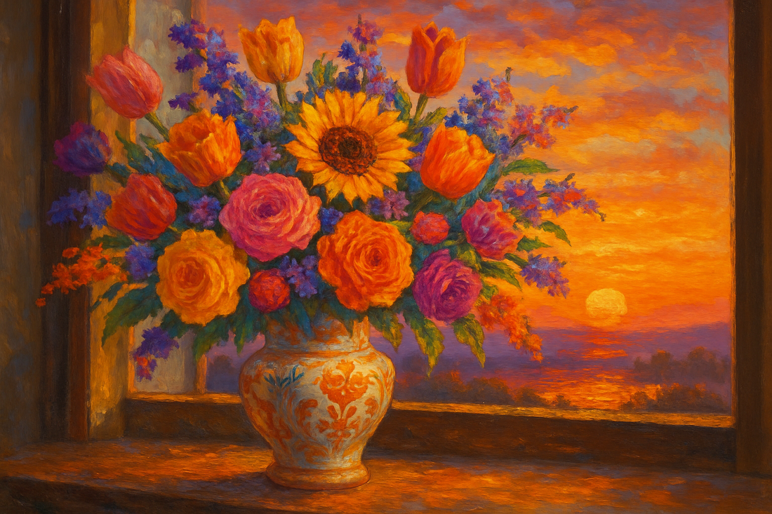 A colourful picture with flowers in a vase and a sunset